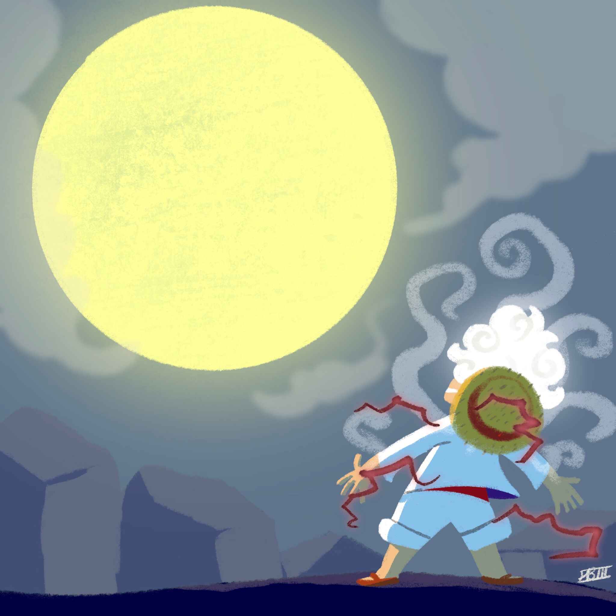 From behind, we see a man clad in white clouds looking at the moon with arms outstretched on the battlefield